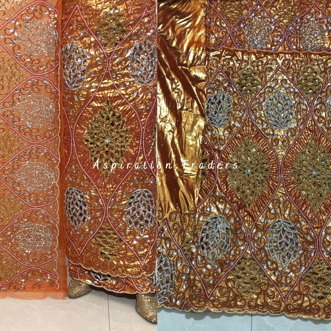 Burnt Orange colored African Heavy Beaded Metallic George Fabric For Igbo Weddings- HBMG037