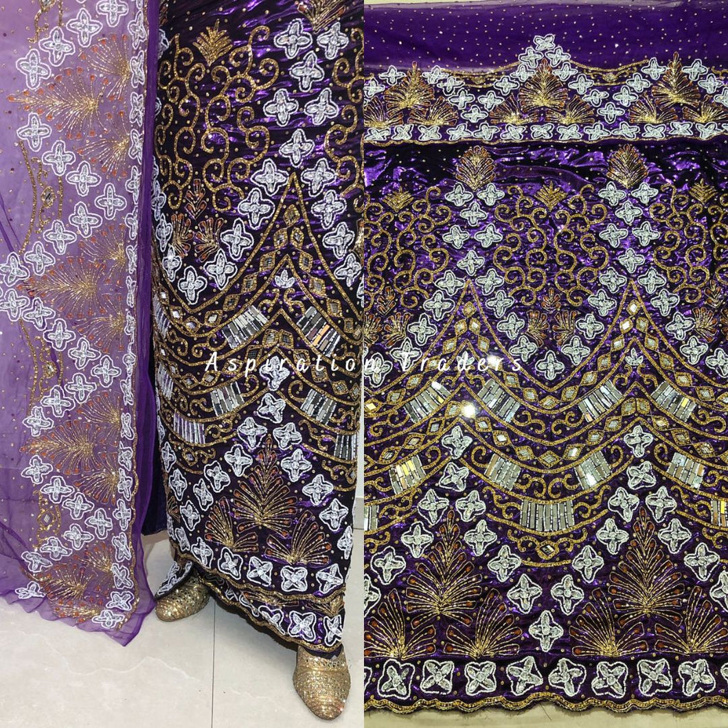 Gorgeous Purple Metallic George Fabric For African Wedding George wrapper set - HBMG041