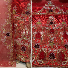 Load image into Gallery viewer, Fiery Red African Heavy Handcrafted Shimmery George Wrapper Set With blouse - HBMG044
