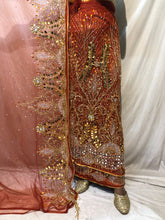 Load image into Gallery viewer, Burnt Orange Heavy Beaded Designer Net Lace George wrapper Set - NLDG156
