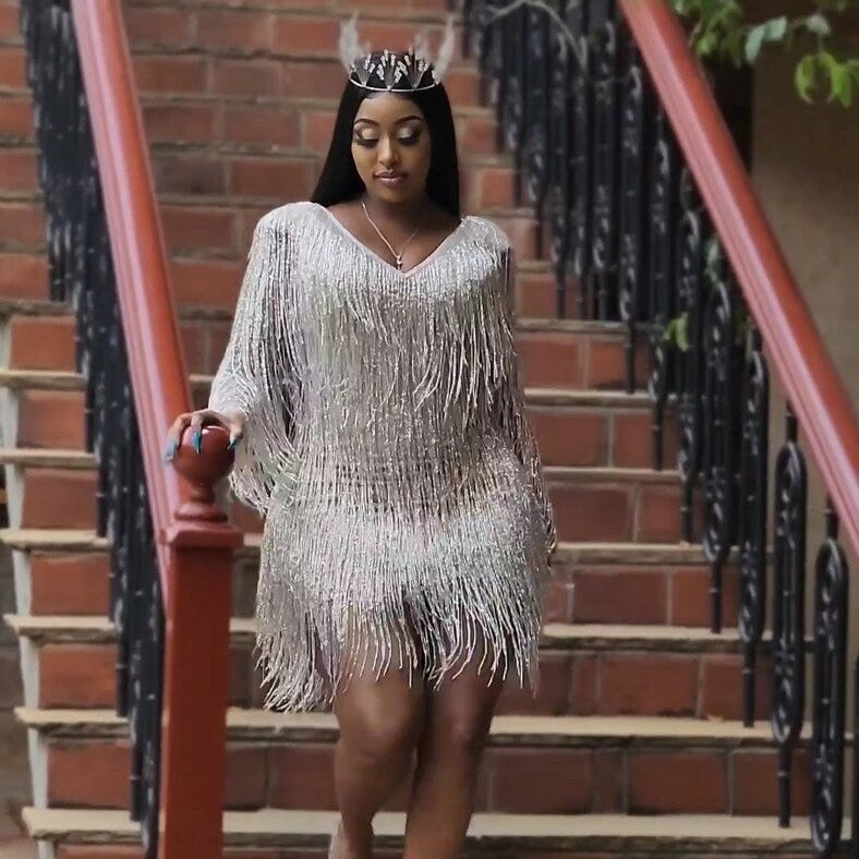 Rhinestone Silver Sea Beads Fringes Designer Mini Dress Applique