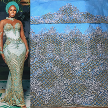 Load image into Gallery viewer, Sky Blue High Grade Heavy Beaded Net Lace Designer George Set - NLDG055

