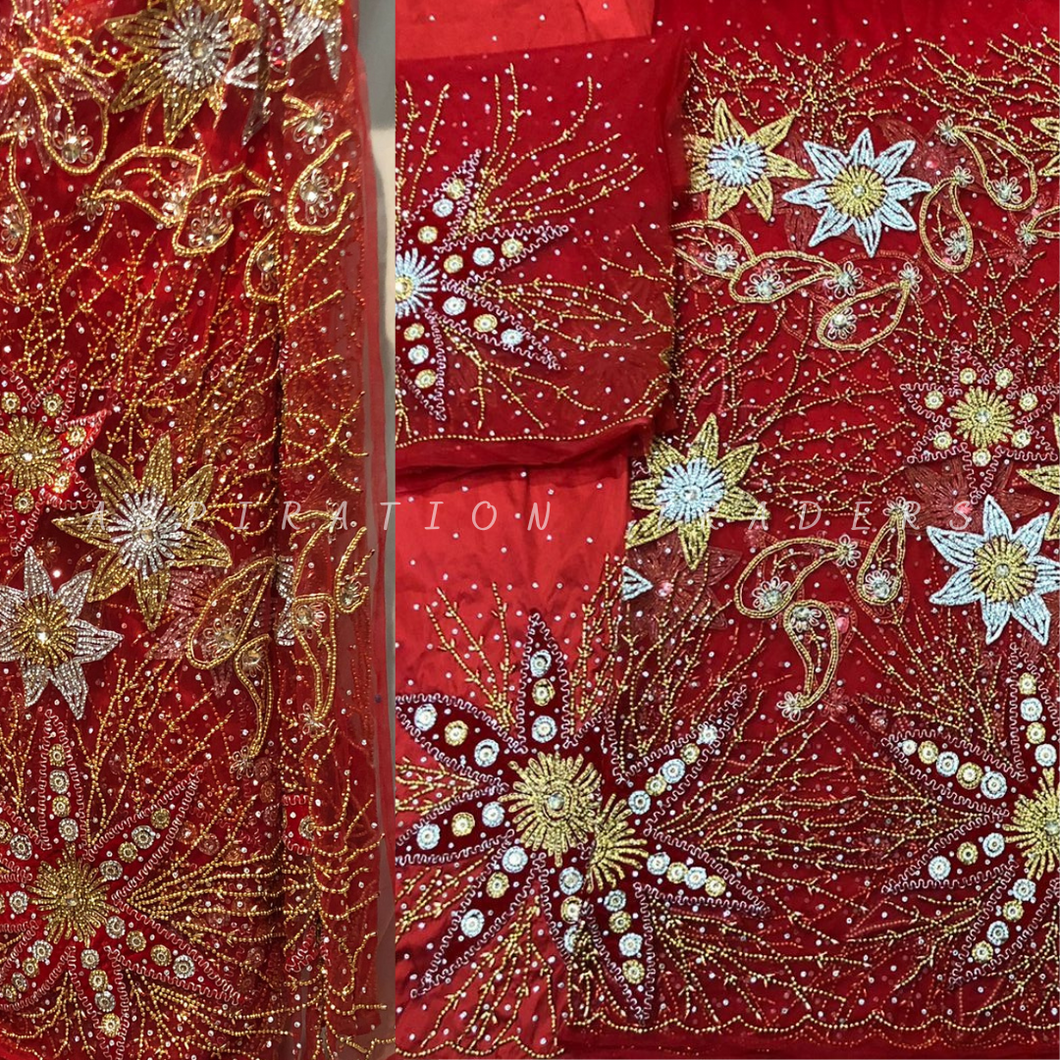Nigerian Unique pattern heavy stone beaded Designer Net Lace George wrapper Set for IGBO Bride - NLDG144