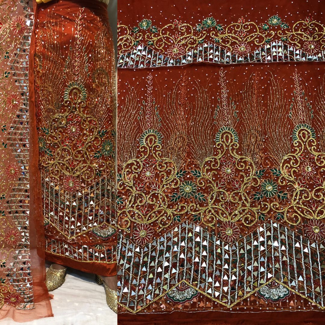 Burnt Orange Heavy Beaded Designer Net Lace George wrapper Set - NLDG1 ...