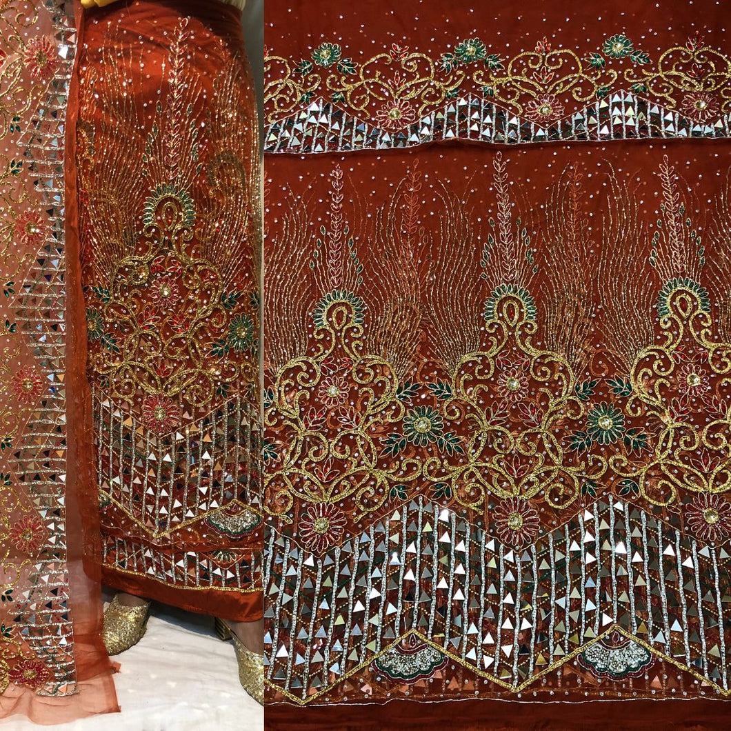 Burnt Orange Heavy Beaded Designer Net Lace George wrapper Set - NLDG150