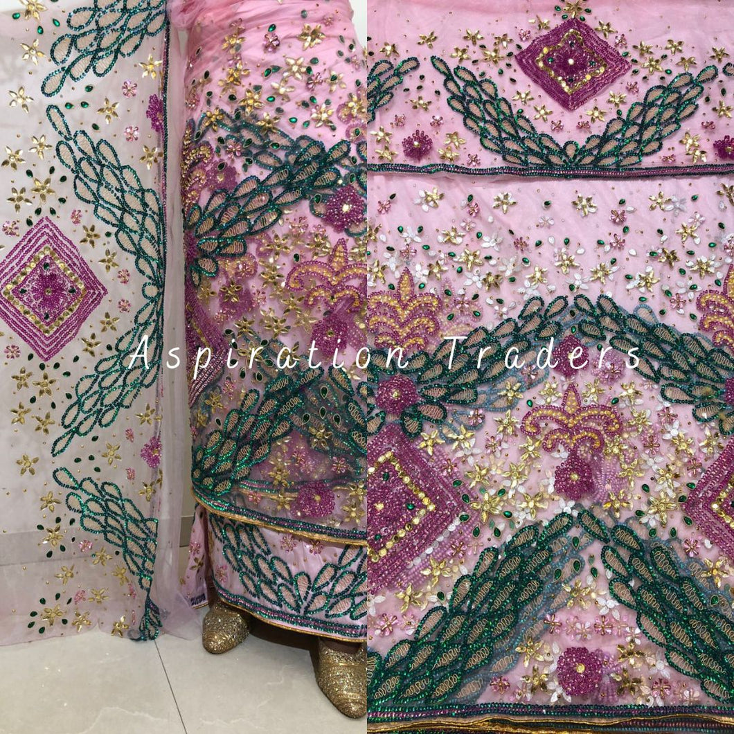 Baby Pink Heavy Beaded Designer Net Lace George wrapper Set - NLDG151
