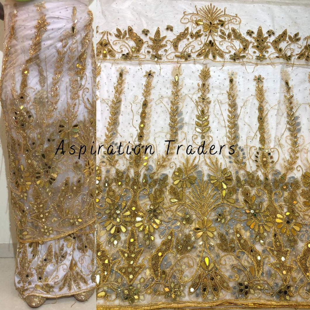 Gorgeous White Heavy Beaded Designer Net Lace George wrapper Set - NLDG152