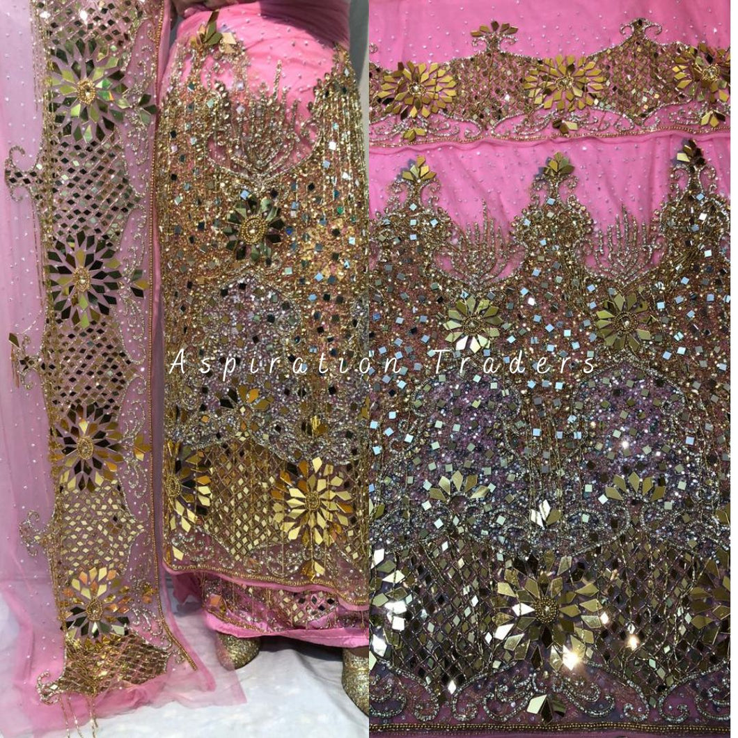 Surreal Pink Heavy Beaded Designer Net Lace George wrapper Set - NLDG154