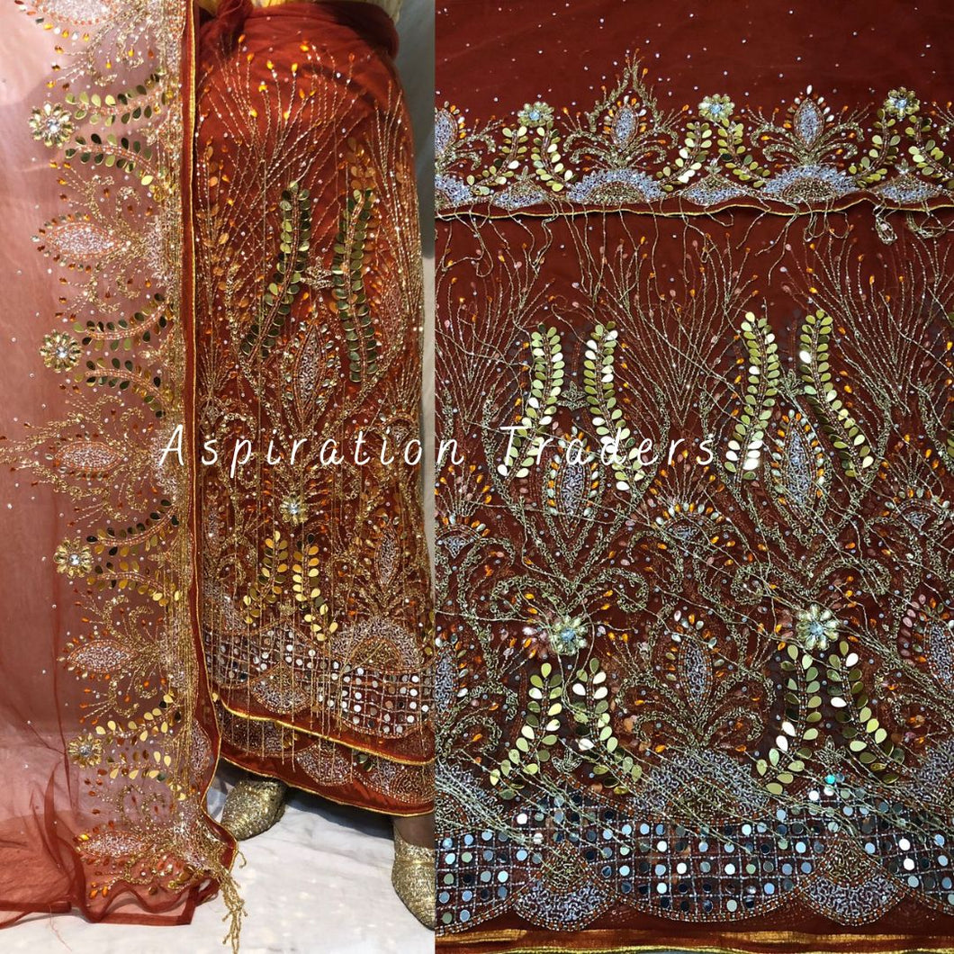 Burnt Orange Heavy Beaded Designer Net Lace George wrapper Set - NLDG156