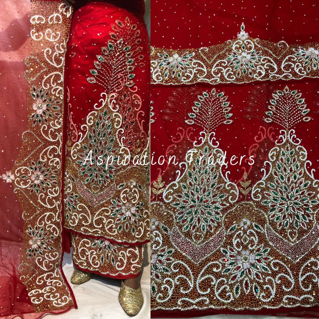 Red Heavy Beaded Designer Net Lace George wrapper Set - NLDG157