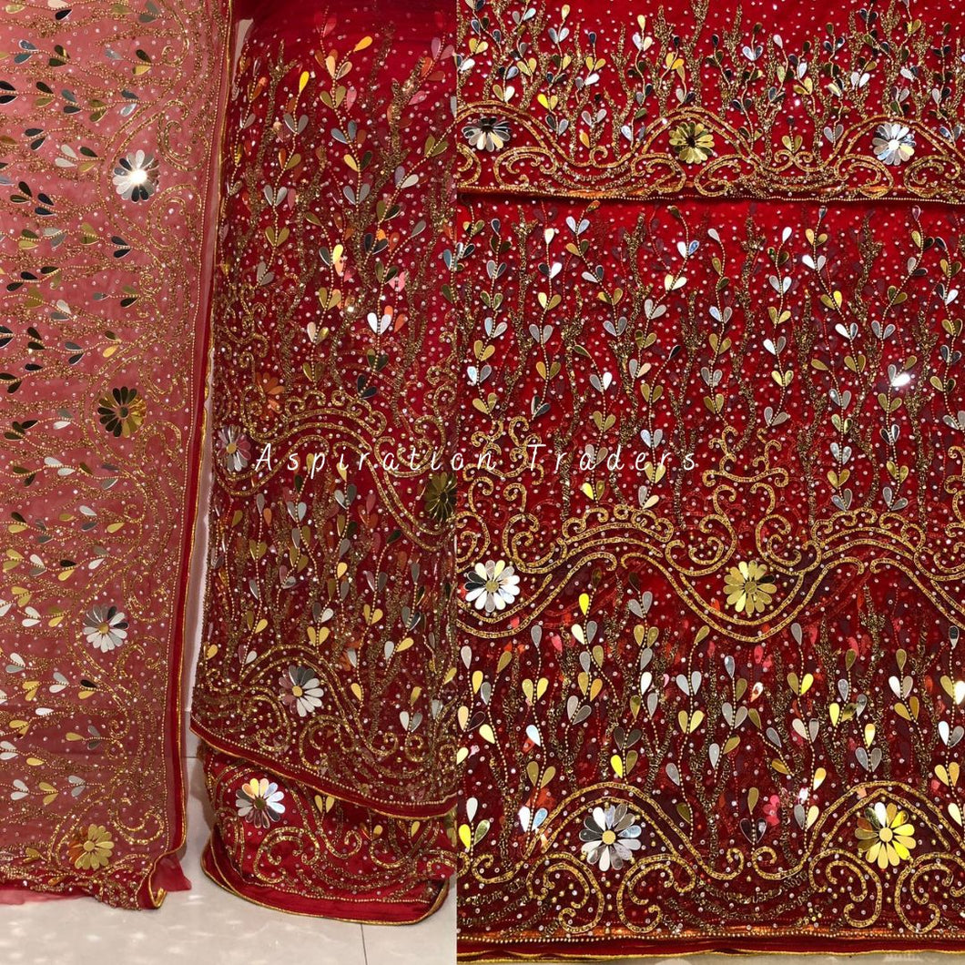 Scarlet Red Heavy Beaded Designer Net Lace George wrapper Set - NLDG160