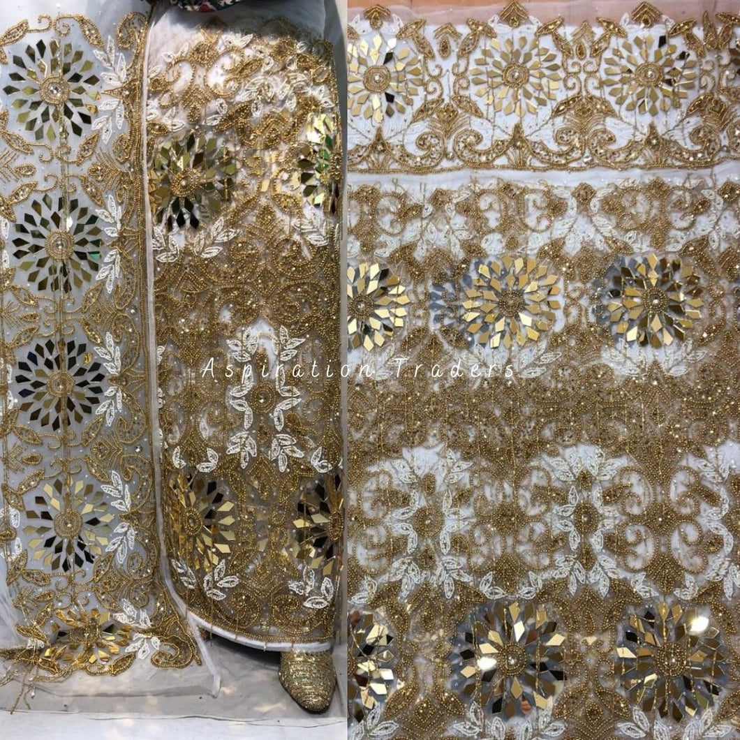 Elegant White and Gold Heavy Beaded Designer Net Lace George wrapper Set - NLDG165