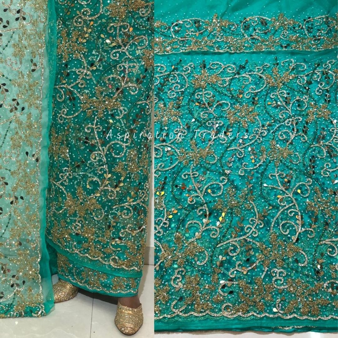 Aquatic Green Designer Heavy Beaded Hand Work Indian George Wrapper Se ...