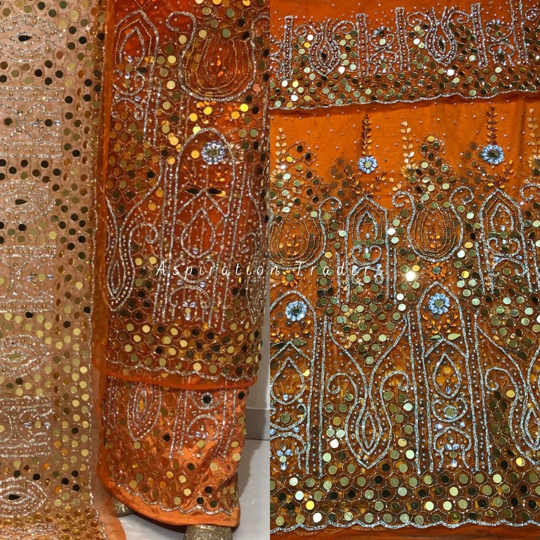 Zesty Orange Heavy Beaded Designer Net Lace George wrapper Set - NLDG1 ...