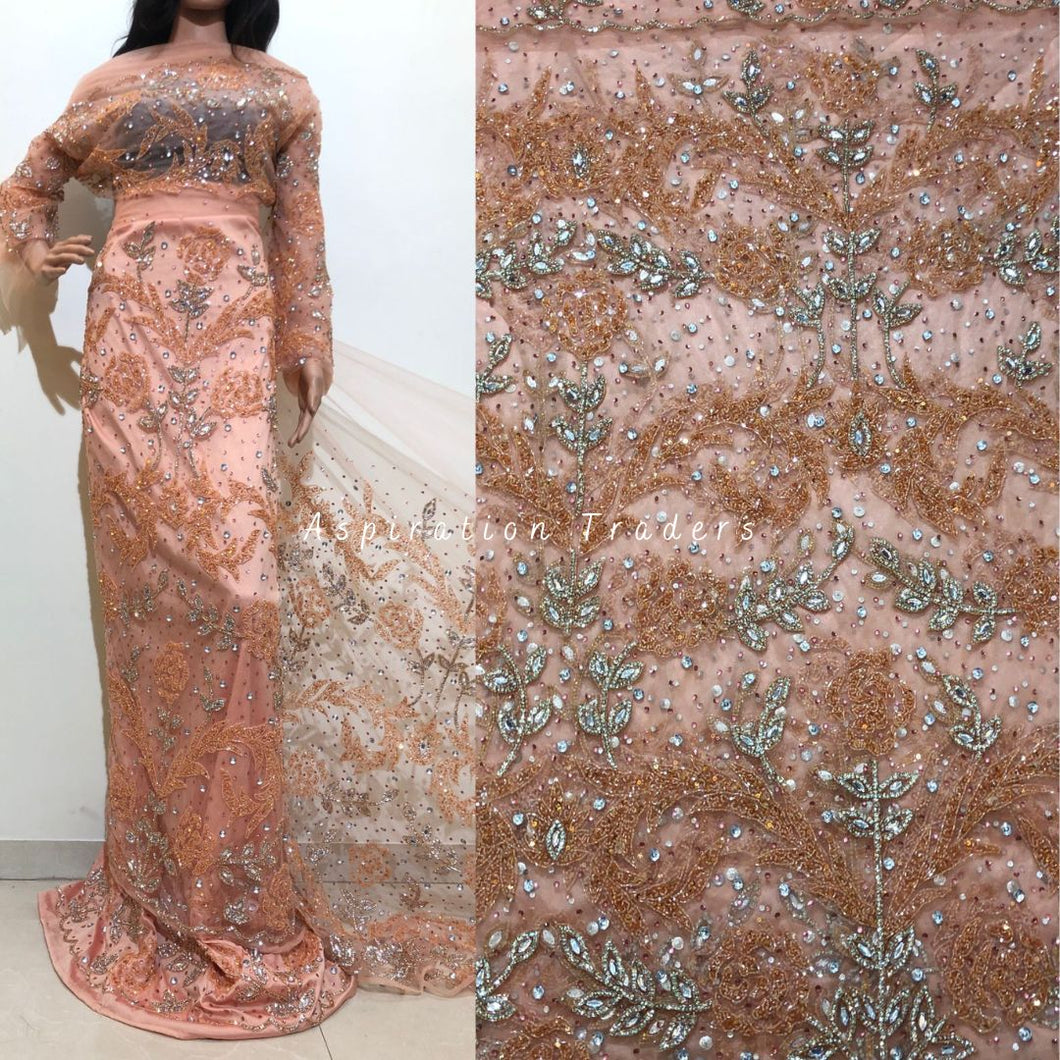 Pastel Peach Heavy Beaded Net Lace Designer George Wrapper Set  - NLDG170