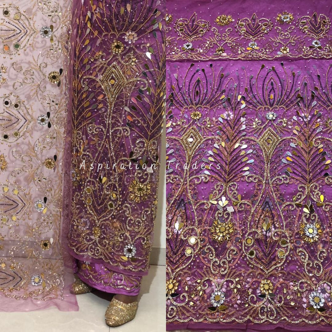 Stunning Onion Pink Heavy Beaded Net Lace Designer George Wrapper Set  - NLDG171