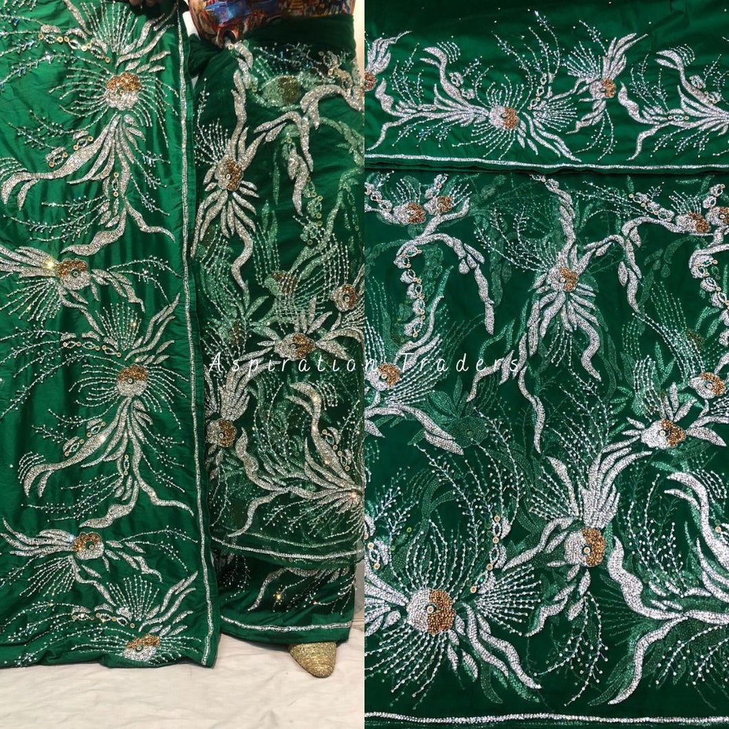 Beautiful Emerald Green Heavy Beaded Designer Net George Wrapper set  - NLDG172