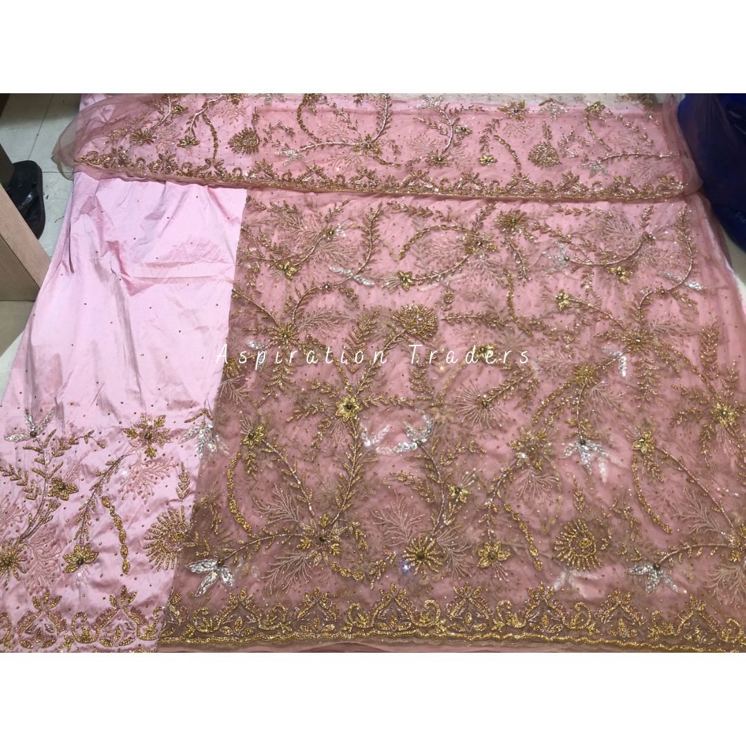 Subtle Peach Heavy Beaded Net Lace Designer George Wrapper Set - NLDG1 ...