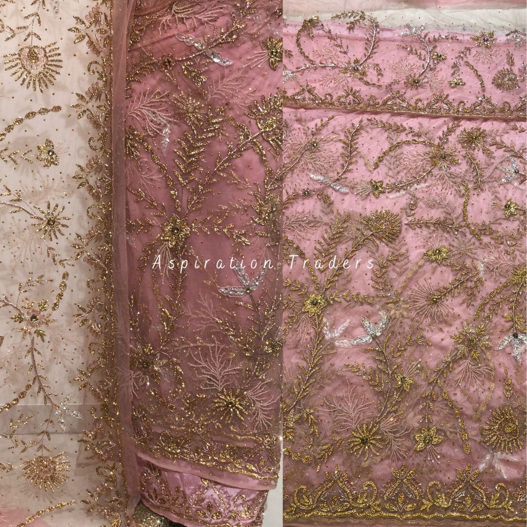 Subtle Peach Heavy Beaded Net Lace Designer George Wrapper Set  - NLDG179