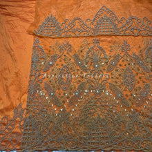 Load image into Gallery viewer, Bright Orange Heavy Beaded Designer Net Lace George wrapper Set - NLDG181
