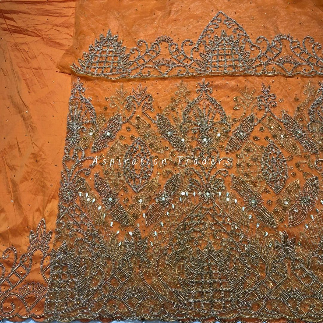 Bright Orange Heavy Beaded Designer Net Lace George wrapper Set - NLDG181