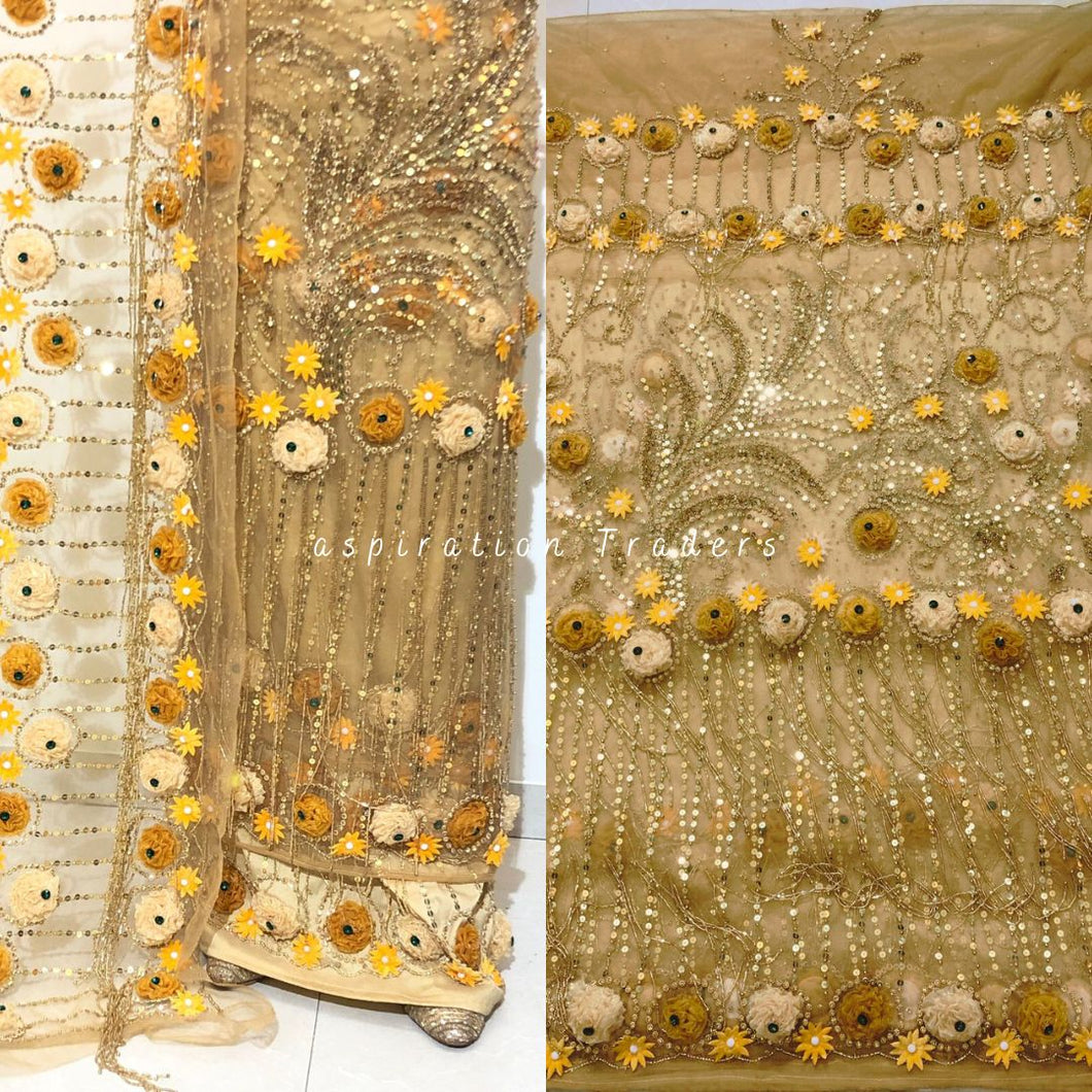 Glistening Gold Designer Net lace George Wrapper set  - NLDG182