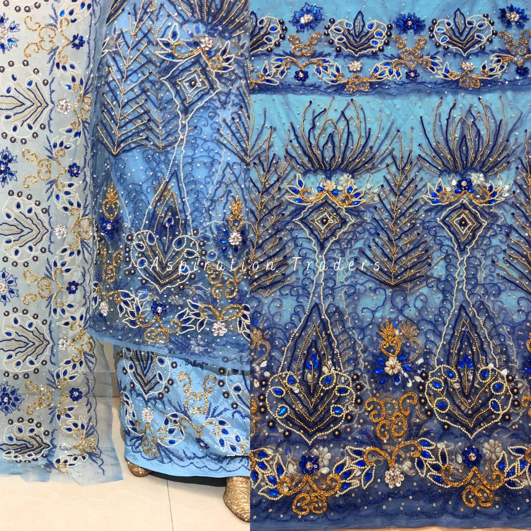 Subtle Powder Blue Net Lace Designer George wrapper set -  NLDG183