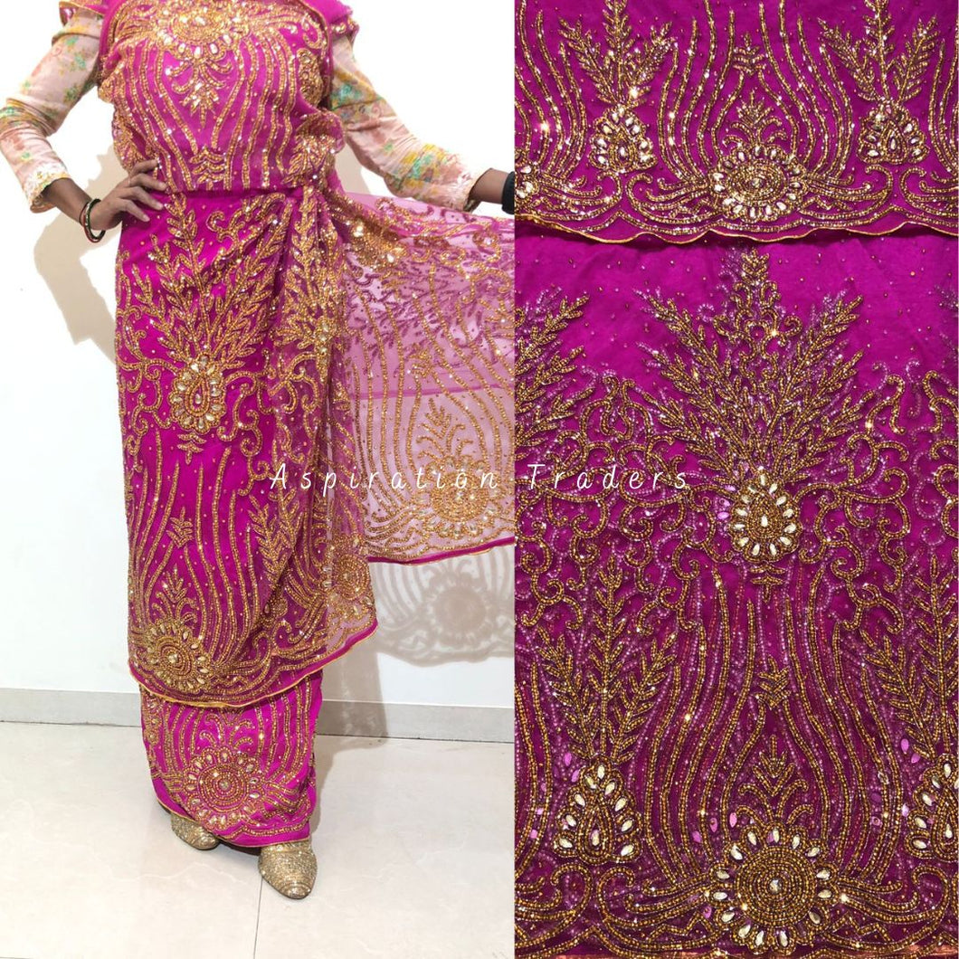 Fushia Pink Heavy Beaded Designer Net Lace George wrapper Set - NLDG184