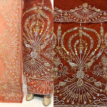 Load image into Gallery viewer, Warm toned Burnt Orange Heavy Beaded Designer Net Lace George wrapper Set - NLDG185

