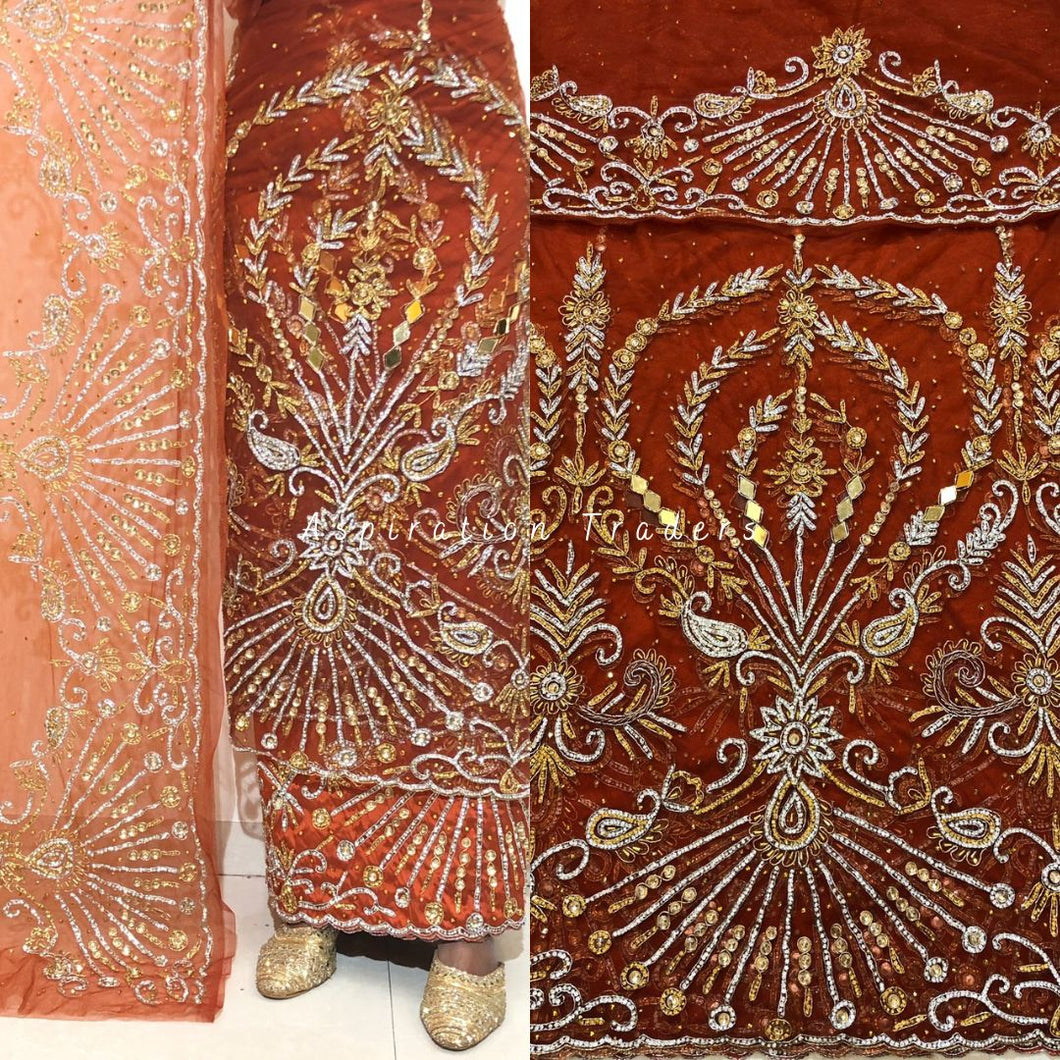 Warm toned Burnt Orange Heavy Beaded Designer Net Lace George wrapper Set - NLDG185
