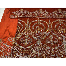 Load image into Gallery viewer, Warm toned Burnt Orange Heavy Beaded Designer Net Lace George wrapper Set - NLDG185
