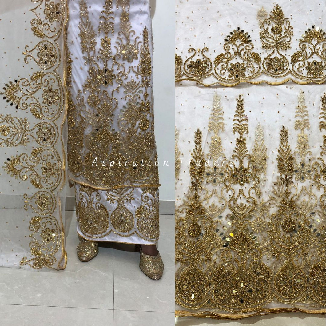 Elegant White and Gold Heavy Beaded Designer Net Lace George wrapper Set - NLDG186