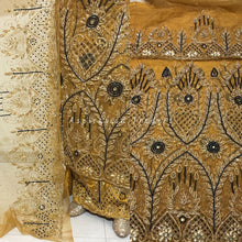 Load image into Gallery viewer, Vibrant Mustard Gold Designer Net lace George Wrapper set  - NLDG190
