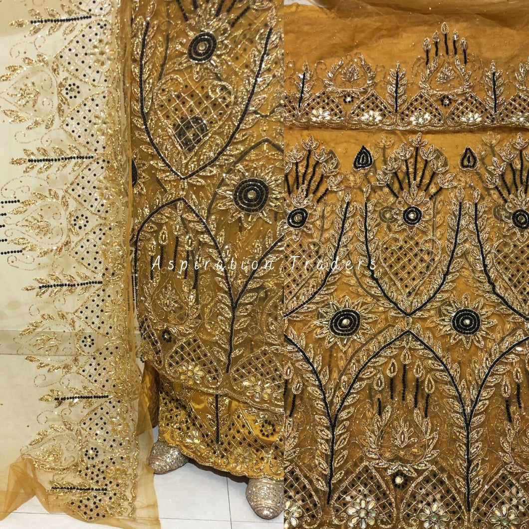 Vibrant Mustard Gold Designer Net lace George Wrapper set  - NLDG190