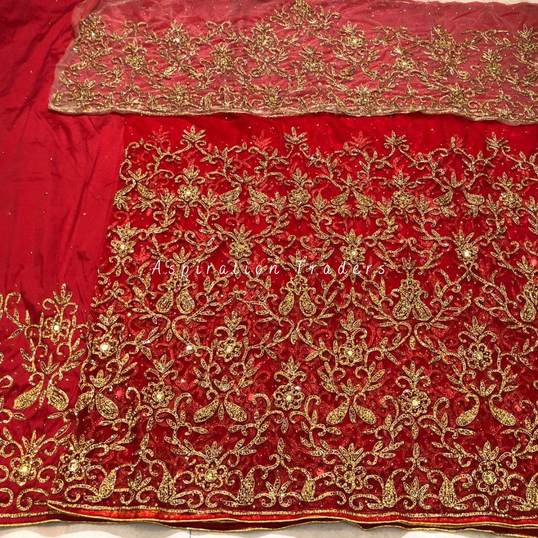 Ravishing Red Heavy Beaded Designer Net Lace George wrapper Set - NLDG192