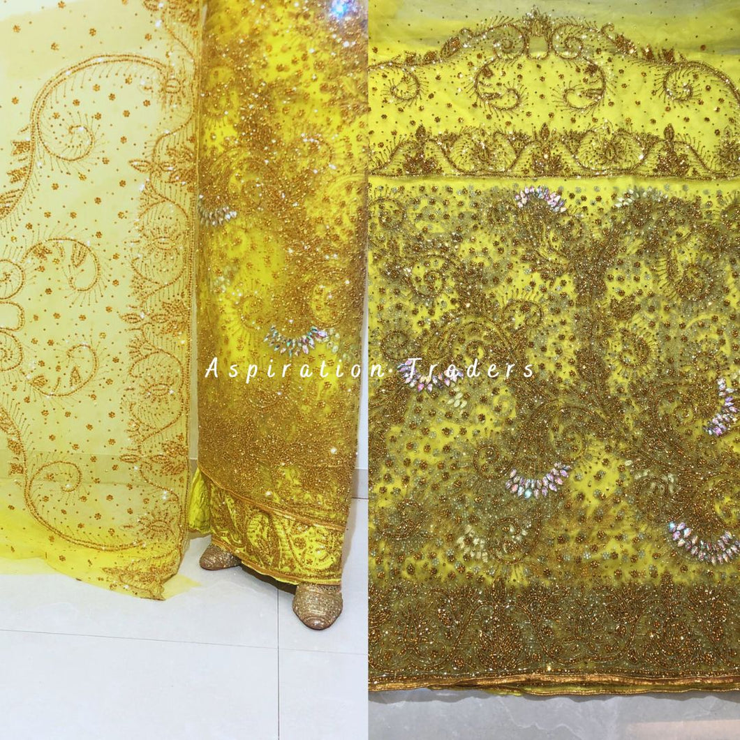 Vibrant Yellow Net Lace Designer George wrapper set - NLDG195