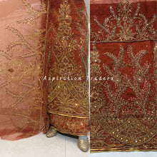 Load image into Gallery viewer, Alluring Burnt Orange Heavy Beaded Designer Net Lace George wrapper Set - NLDG196
