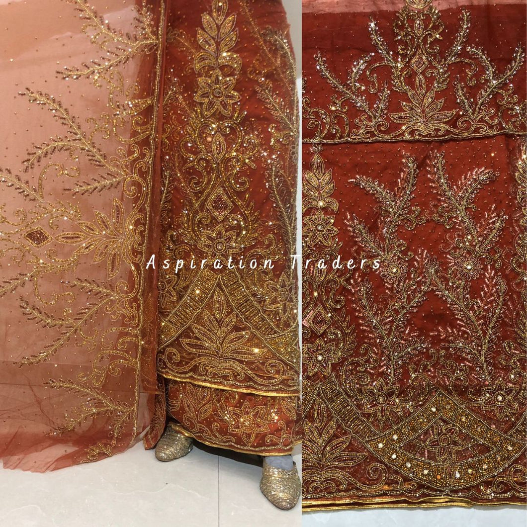 Alluring Burnt Orange Heavy Beaded Designer Net Lace George wrapper Set - NLDG196