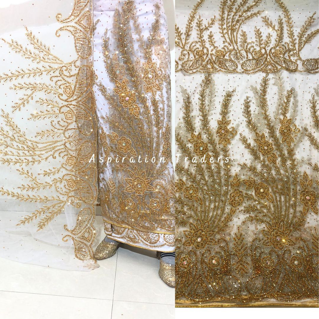 Beautiful White and Gold Heavy Beaded Designer Net Lace George wrapper Set - NLDG198