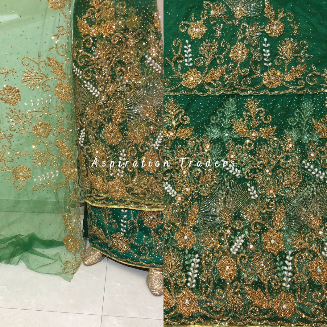Gorgeous Nigerian Green New Wedding Net George Wrapper Set - NLDG199