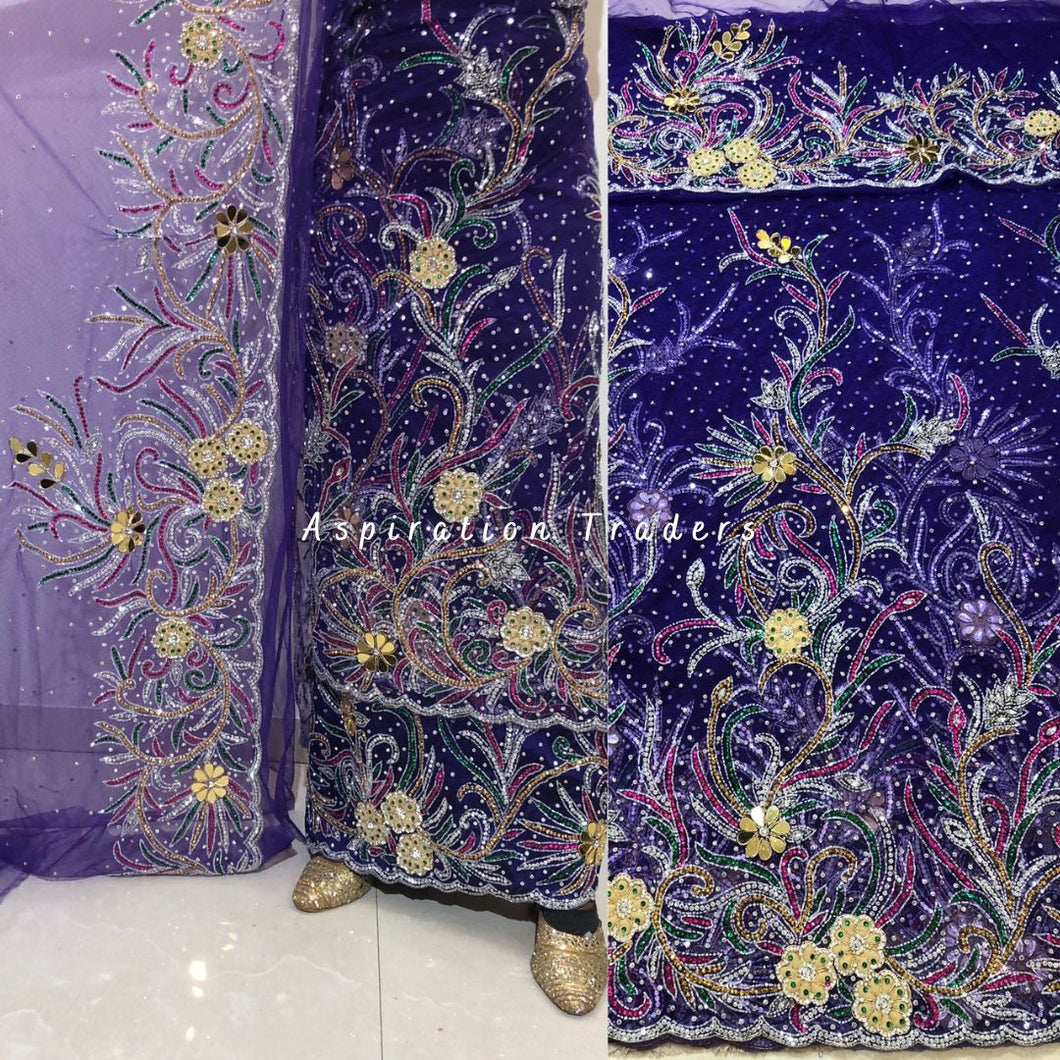 Royal Purple colored Heavy Beaded Designer Net George Wrapper set  - NLDG208