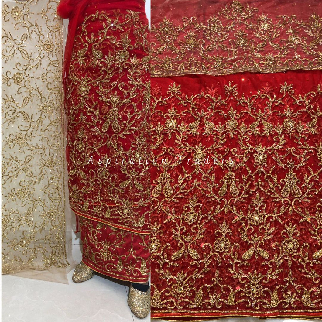 Striking Red Heavy Beaded Designer Net Lace George wrapper Set - NLDG209