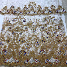Load image into Gallery viewer, Oppulent White and Gold Heavy Beaded Designer Net Lace George wrapper Set - NLDG211
