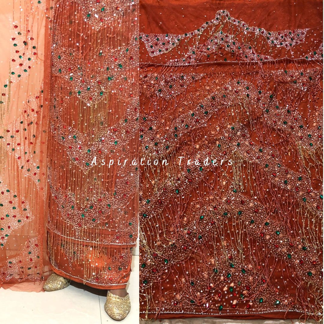 Alluring Burnt Orange Heavy Beaded Designer Net Lace George wrapper Set - NLDG215