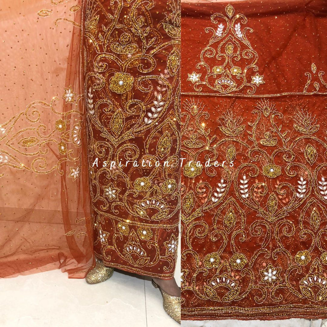 Vibrant Orange Heavy Beaded Designer Net Lace George wrapper Set - NLDG218