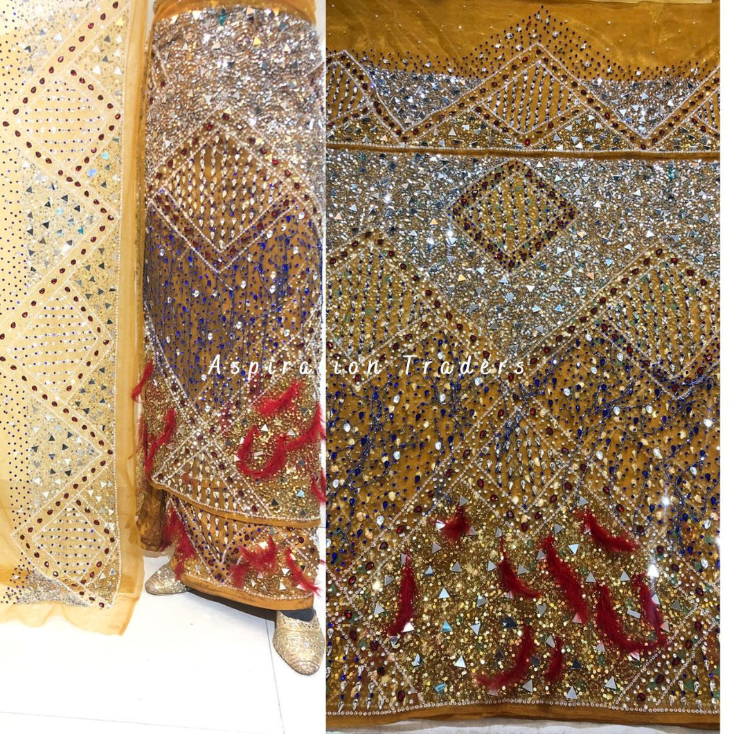 Vintage Mustard Gold Designer Net lace George Wrapper set  - NLDG220
