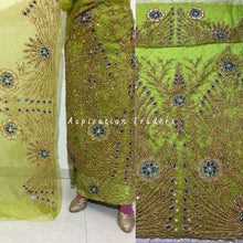 Load image into Gallery viewer, Stunning Lemon Green Heavy Beaded NET George Wrapper set with blouse - NLDG225

