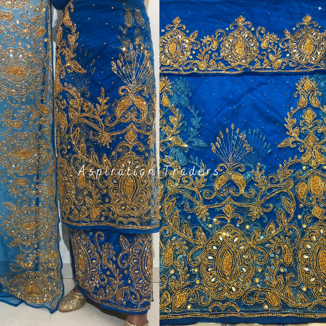 Rustic Deep Turquoise Blue George with Gold Beaded Work Designer set - NLDG228