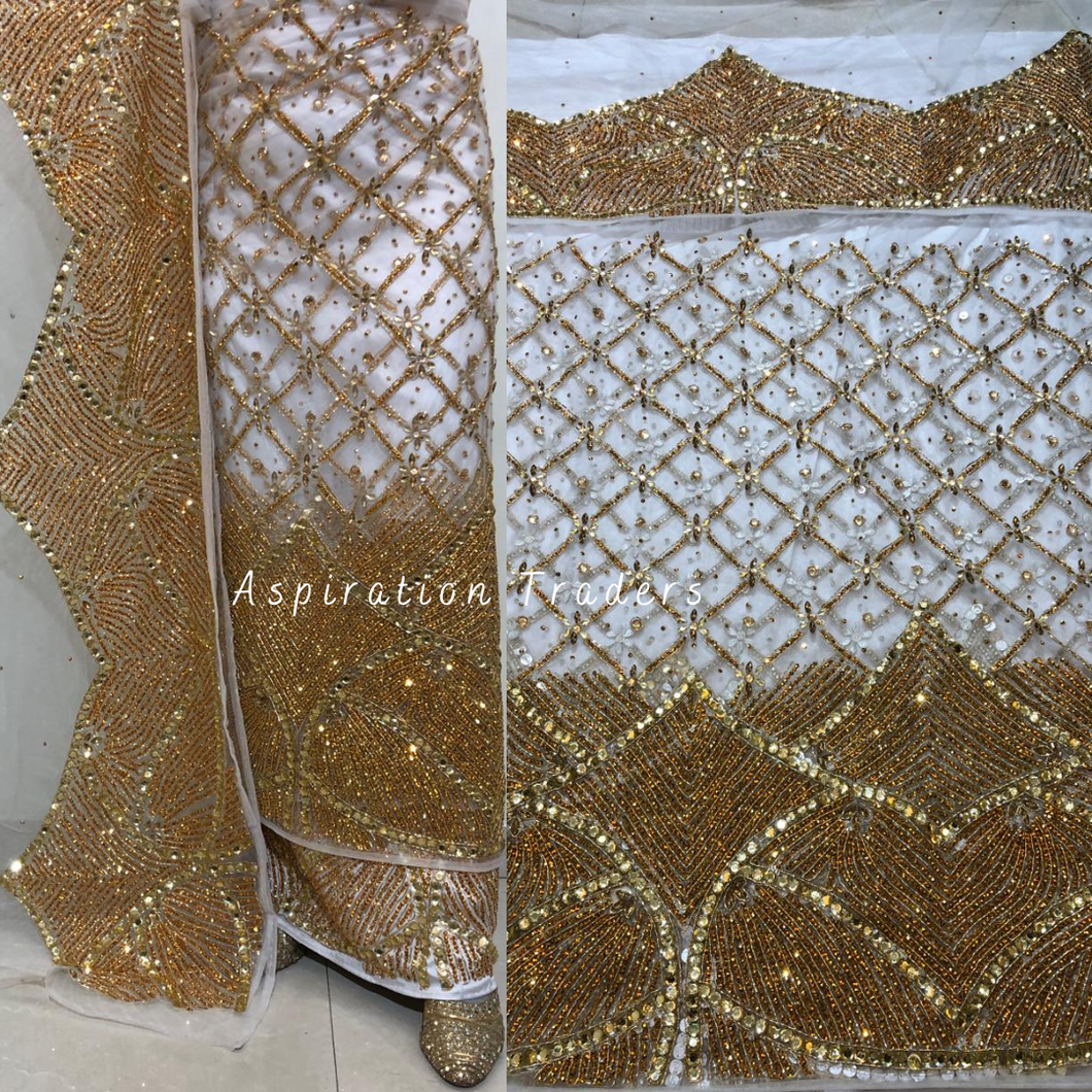 Pearly White George With Sequined Gold Embroidery Work Designer set - NLDG229