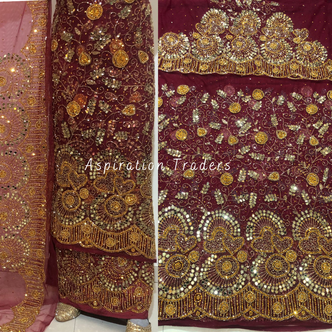 Jazzy Burgundy George With Heavy Gold Mirror & Bling Beaded Work Designer set - NLDG233